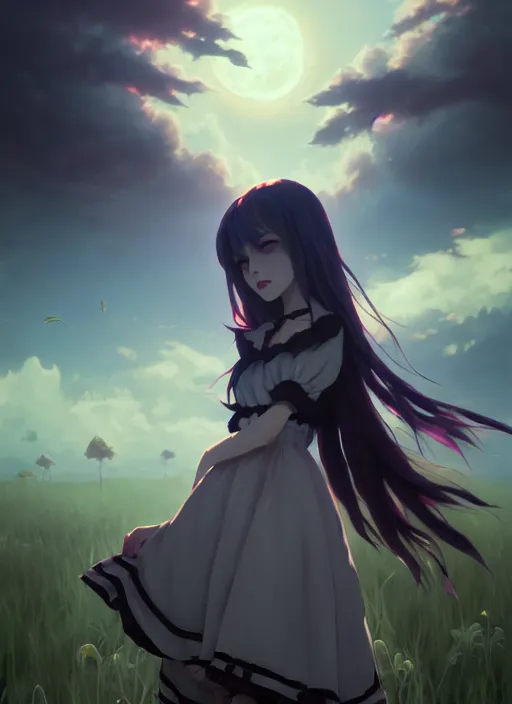 Image similar to portrait of gothic alice from wonderland, cloudy sky background lush landscape illustration concept art anime key visual trending pixiv fanbox by wlop and greg rutkowski and makoto shinkai and studio ghibli