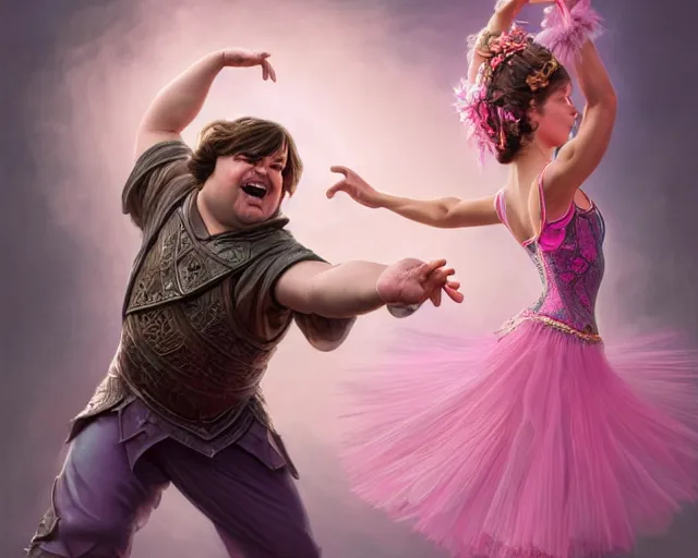 Prompt: photography of jack black dancing in a pink ballerina outfit, full body shot, deep focus, d & d and mtg, fantasy, intricate, elegant, highly detailed, digital painting, artstation, concept art, matte, sharp focus, illustration, hearthstone, art by artgerm and greg rutkowski and alphonse mucha