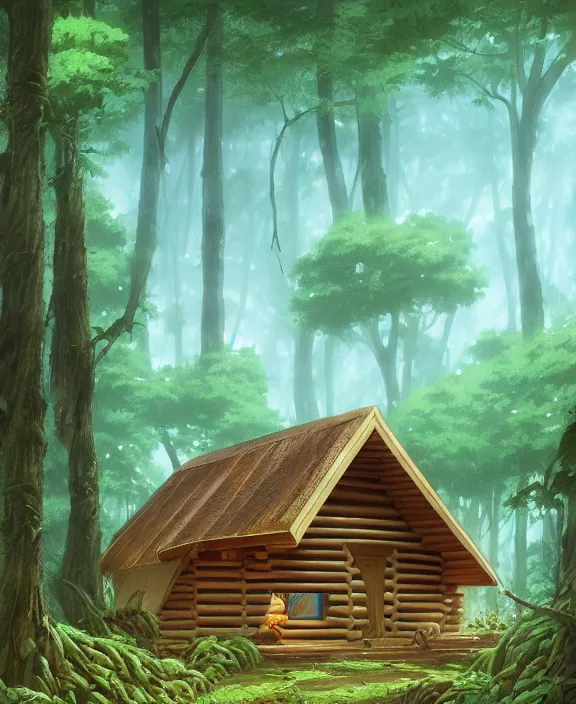 Prompt: a large, simple, cabin made from leaves, overgrown with huge exotic fungus, deep in the woods, sun drenched, partly cloudy, by dan mumford, yusuke murata, makoto shinkai, ross tran, cinematic, unreal engine, cel shaded, featured on artstation, pixiv