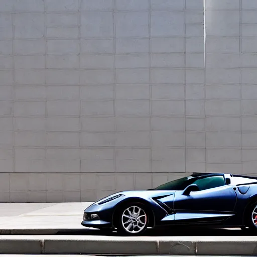 Prompt: corvette on front of building designed by zaha hadid, photorealistic, morning light