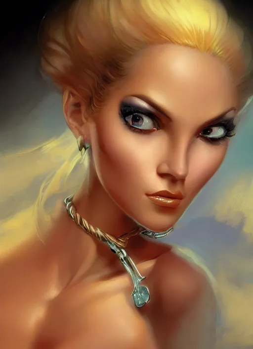 Image similar to closeup portrait a beautiful woman by boris vallejo and julie bell, mark rydek, popovy sisters, intricate, bjd, trending on artstation.