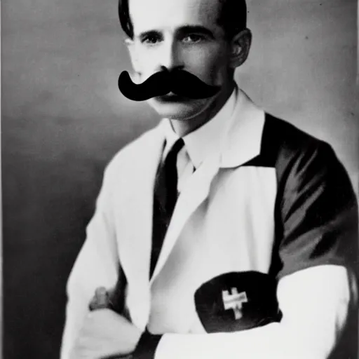 Prompt: newspaper photo from 40s of a stern looking slim medical doctor with a regualar mustache and sidecut hair toupet