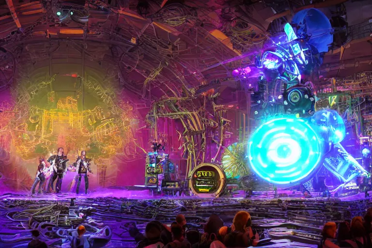 Image similar to an outdoor festival stage with audience, on stage is a rockband with 3 steampunk robots with guitars and drums, center of the stage is a big futuristic steampunk generator with gears and belts and tubes, laser show, 8 k, fluorescent colors, halluzinogenic, multicolored, exaggerated detailed, unreal engine