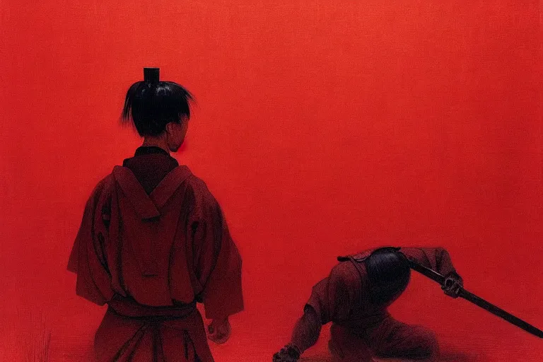 Image similar to only with red, a red samurai do seppuku, tokio, a lot of frogs watch, in the style of beksinski, parts by edward hopper, parts by rodcenko, parts by yue minjun, intricate and epic composition, red by caravaggio, insanely quality, highly detailed, masterpiece, red light, artstation, 4 k