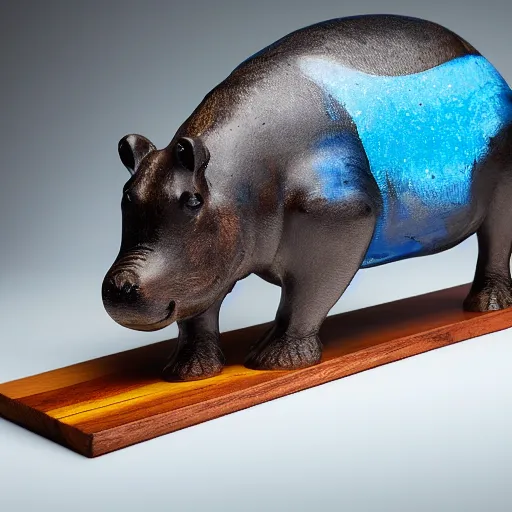 Prompt: award - winning photo, a photo of a model hippo made of repurposed elm wood composite mixed with straight lines blue epoxy resin, studio zeiss 1 5 0 mm f 2. 8 hasselblad, epoxy resin, dramatic lighting, subject centered in photo, wood