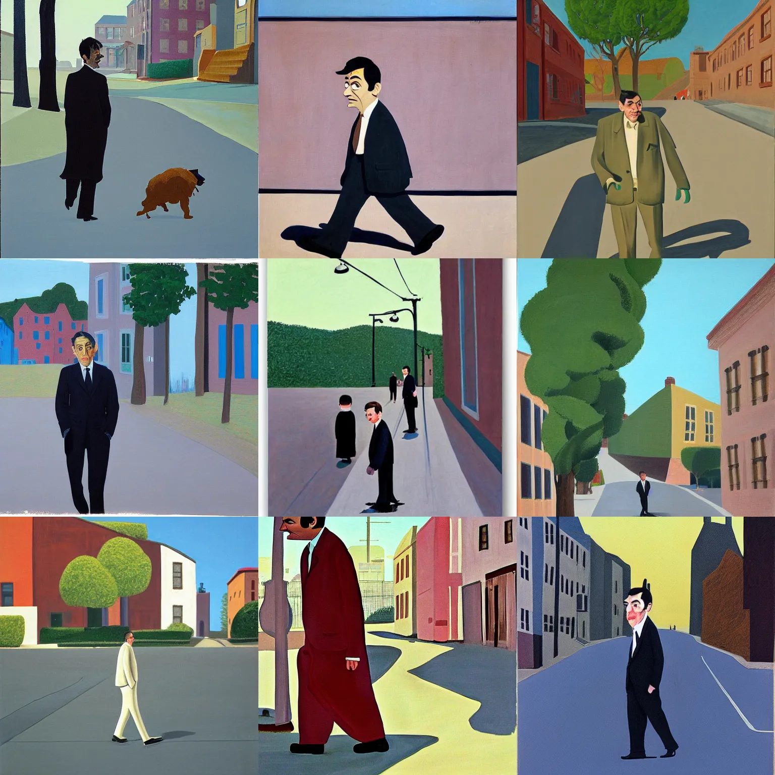 Prompt: mr. bean walks down a street on a sunny day by lois dodd