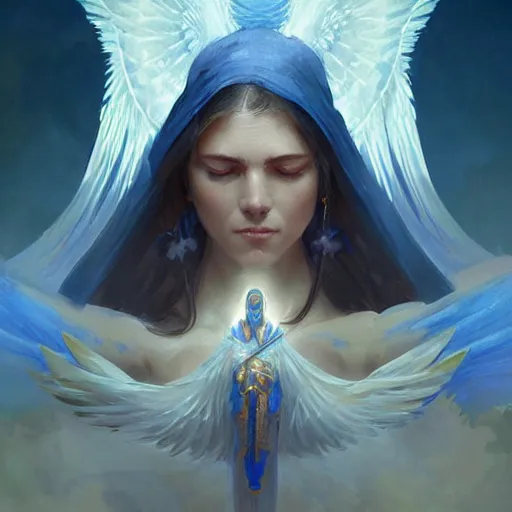 Prompt: ukrainian warrior of light with angel wings, blue and yellow flag, highly detailed, digital painting, artstation, concept art, smooth, sharp focus, illustration, cinematic lighting, art by artgerm and greg rutkowski and alphonse mucha