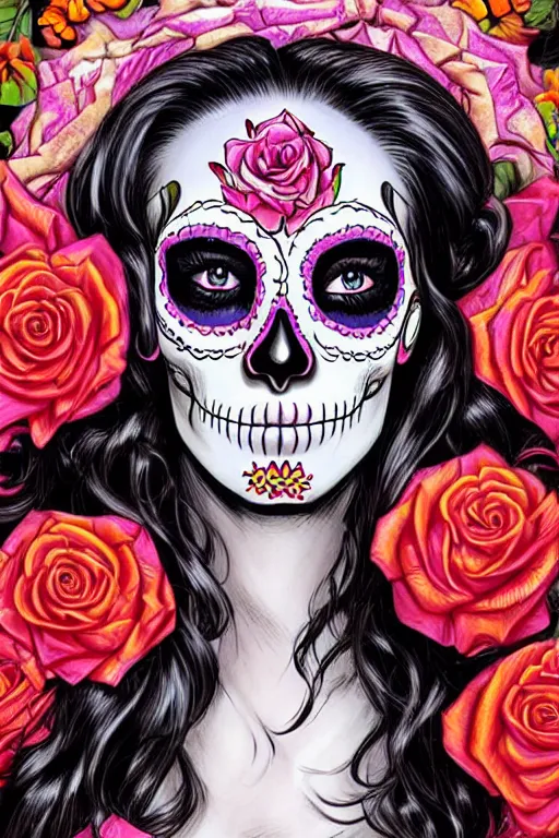 Prompt: Illustration of a sugar skull day of the dead girl, art by joe jusko