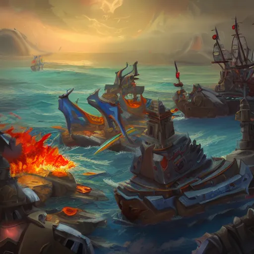 Image similar to arcane - style giant battleship, fire cannons, fire cannons. spear and axes, blue sea waves background, bright art masterpiece artstation. 8 k, sharp high quality artwork, concept art by tooth wu, blizzard warcraft artwork, hearthstone card artwork