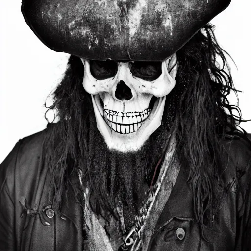 Prompt: 70mm photo of a real dirty skull masked dirty rugged old pirate lord wearing a Skull Bone Mask dirty old black hat, worn black coat, long black beard and long black hair, dark scene with dim light, movie scene, depth of field