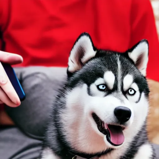 Image similar to a husky wearing a red shirt and checking his phone
