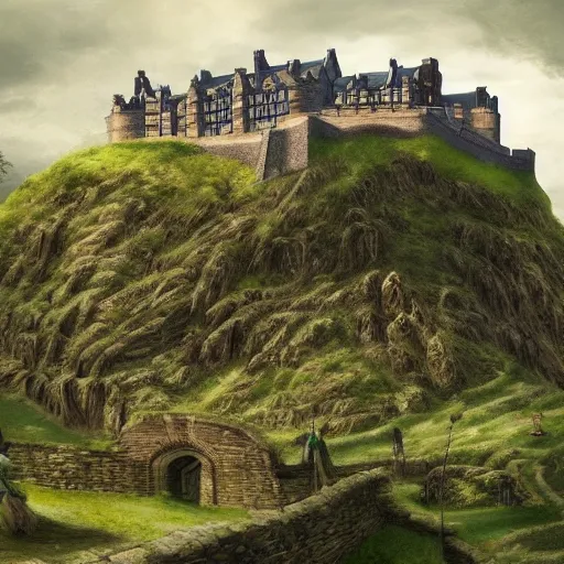 Prompt: a beautiful digital graphics design portrait of Edinburgh castle in Edinburgh. Edinburgh gardens overgrown with plants, caledonian forest, matte painting, fantasy art, highly detailed