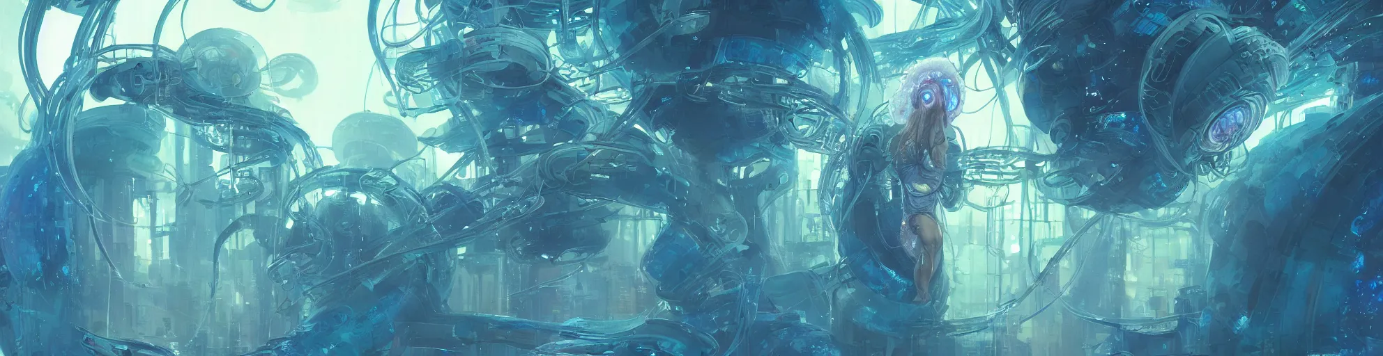 Image similar to Panorama hyper detailed painting of a cyberpunk jellyfish, blue tones, underwater, 8 mm, highly detailed, digital painting, artstation, concept art, smooth, sharp focus, illustration, art by artgerm and greg rutkowski and alphonse mucha