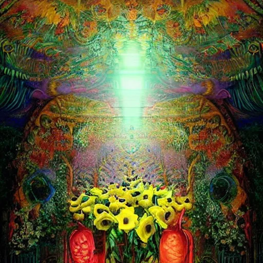 Image similar to A beautiful photograph. It has no visible auditory organs, just eyes, human eyes, hundreds of them, in the ends of stalks that radiate from its body like some exotic fruit. backlit, camera obscura by Patrice Murciano, by Marianne North peaceful