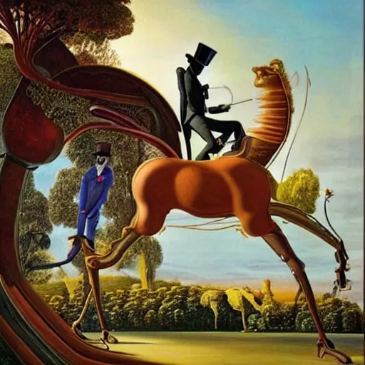 Prompt: an a gentleman in a top hat riding an extremely long and spindly mechanical horse in a futuristic!!! victorian city, oil painting, style of salvador dali and richard dadd!!!!, rococo lots of plants and flowers