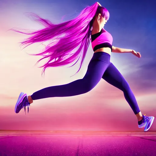 Image similar to a award winning half body shot of a beautiful woman in a croptop and leggings with a ombre purple pink teal hairstyle with head in motion and hair flying, outrun, vaporware, highly detailed, fine detail, intricate
