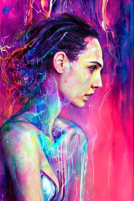 Image similar to gal gadot by agnes cecile enki bilal moebius, intricated details, 3 / 4 back view, full body portrait, extremely luminous bright design, pastel colours, drips, autumn lights