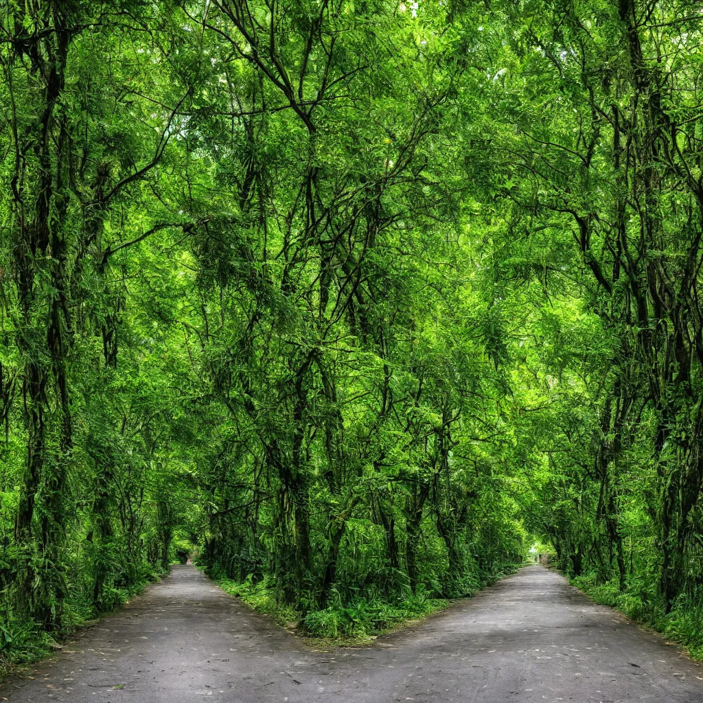 Prompt: a street overgrown with a lush forest