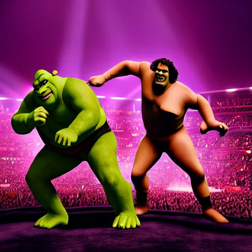 Image similar to shrek vs andre the giant at wrestlemania 8, dramatic lighting, 8k , WWE poster