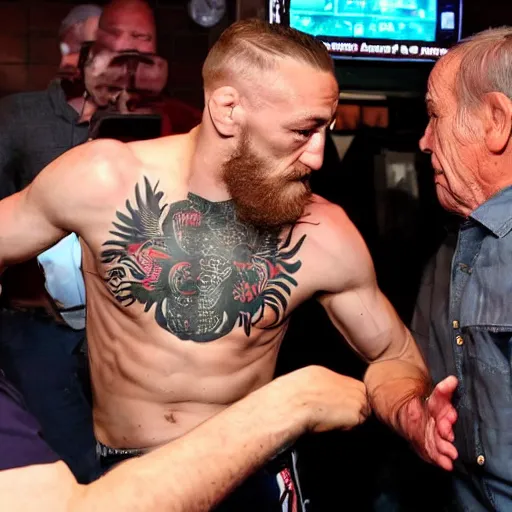 Prompt: Conor McGregor slapping a frail elderly man inside a bar