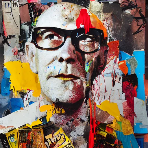 Image similar to hyperrealistic, photorealistic, mixed media oil painting of hunter s thompson, magazine scraps, plaster, blood, oil, mustard, splatter, greg rutkowski, basquiat, ralph steadman, wesley kimler, terry gilliam, andy warhol, dali