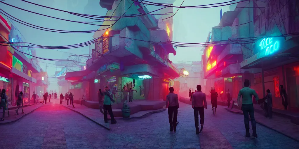 Prompt: a futuristic small mexican town cobbled street, blade runner 2 0 4 9 city architecture, mexican dia de muertos decorations, environmental lighting, stromy weather, ray tracing, people walking on street, amazing view, highly detailed, neon shops, octane render, unreal engine 5, 4 k