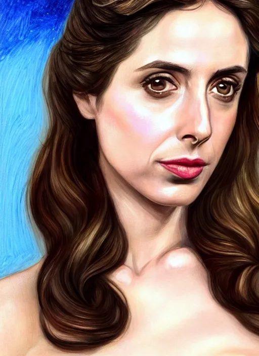 Image similar to Greek goddess Alison Brie in her best gala clothes staring in amusement at you. soft detailed painting at 16K resolution and amazingly epic visuals. epically beautiful image. amazing effect, image looks gorgeously crisp as far as it's visual fidelity goes, absolutely outstanding. vivid clarity. ultra detail. iridescent. mind-breaking. mega-beautiful pencil shadowing. beautiful face. Ultra High Definition. soft shading. soft texture. intensely beautiful.