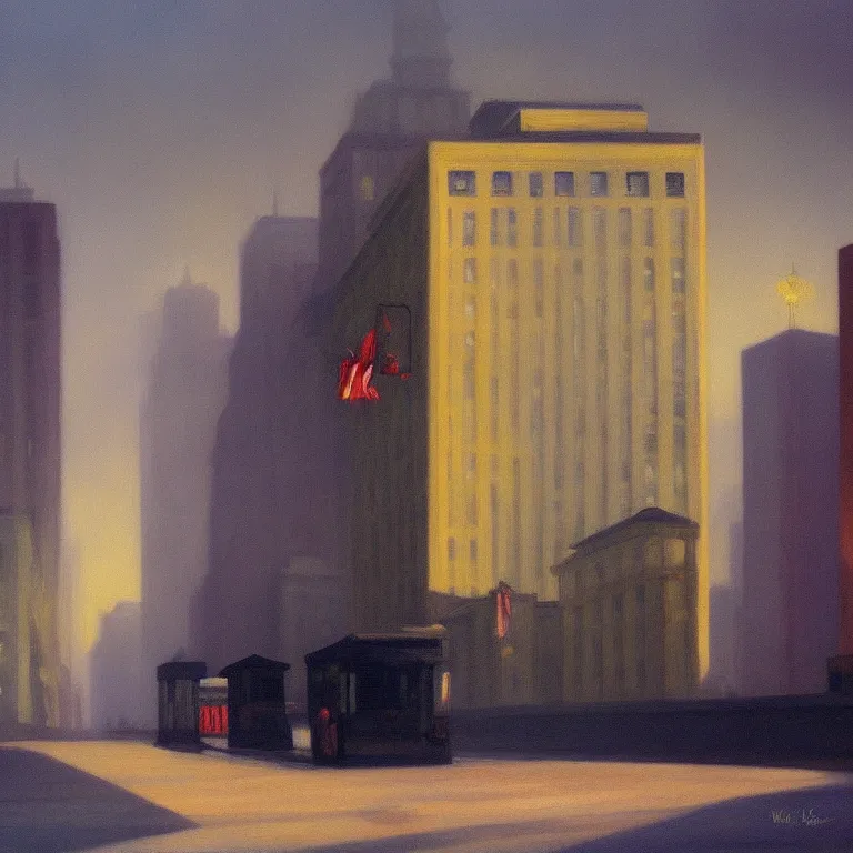 Image similar to city fog, early morning, painted by Edward Hopper, painted by Wayne Barlow, airbrush