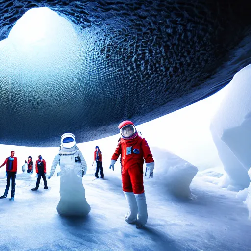 Prompt: photo realistic space explorers standing in massive icelandic ice cave, volumetric lighting, hd, blue