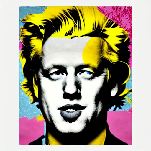 Image similar to epic professional digital painting of boris johnson with messy hair, repeated pattern in marilyn diptych by andy warhol, epic, stunning, gorgeous, much wow, masterpiece.