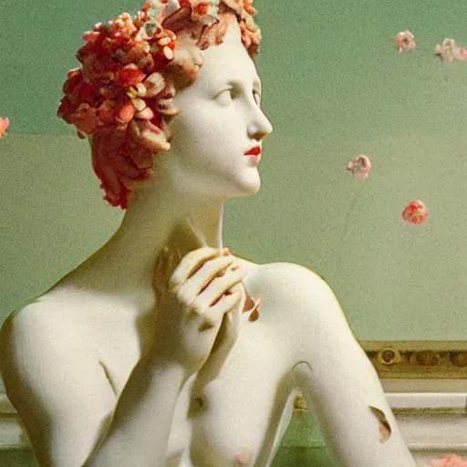 Image similar to flowers exploding in her face, film still by wes anderson, depicted by canova, limited color palette, very intricate, art nouveau, highly detailed, lights by hopper, soft pastel colors, minimalist