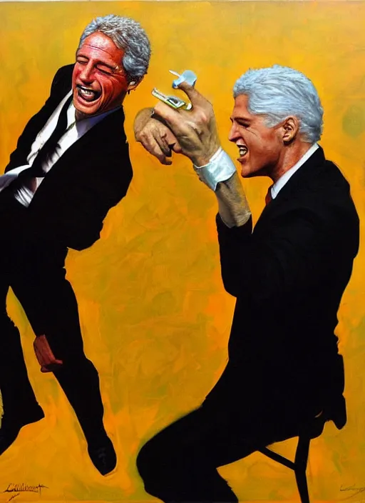 Image similar to 'jeffrey epstein and bill clinton drunk, laughing, flailing, squeezing, gripping, painting by phil hale, 'action lines'!!!, graphic style, visible brushstrokes, motion blur, blurry