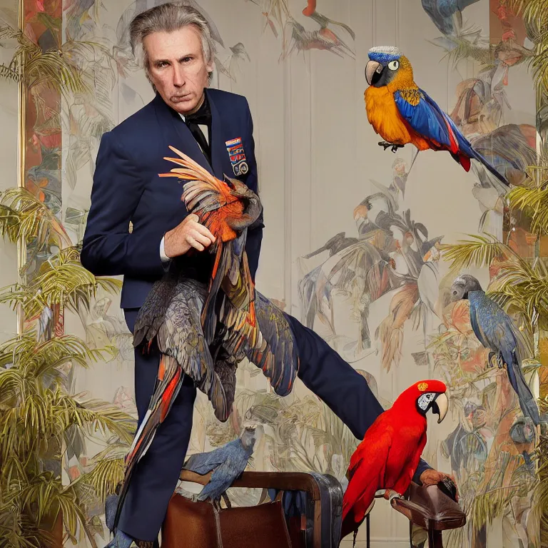 Image similar to high fashion photoshoot octane render portrait by wayne barlow and carlo crivelli and glenn fabry, a distinguished actor wearing a colorful wes anderson designed uniform and holding a macaw inside a high - end exotic colorful pastel vintage boutique hotel lounge, very short depth of field, bokeh