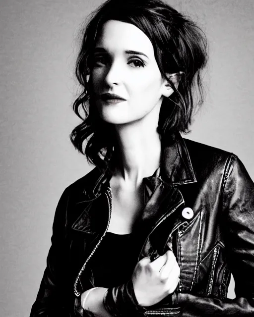 Prompt: headshot of young winona ryder, wearing a black leather jacket, tom waits t - shirt and blue jeans with a belt, photoshoot in the style of annie leibovitz, studio lighting, soft focus, bokeh