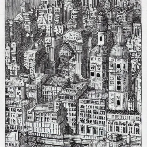 a detailed inked drawing of a Victorian cityscape | Stable Diffusion
