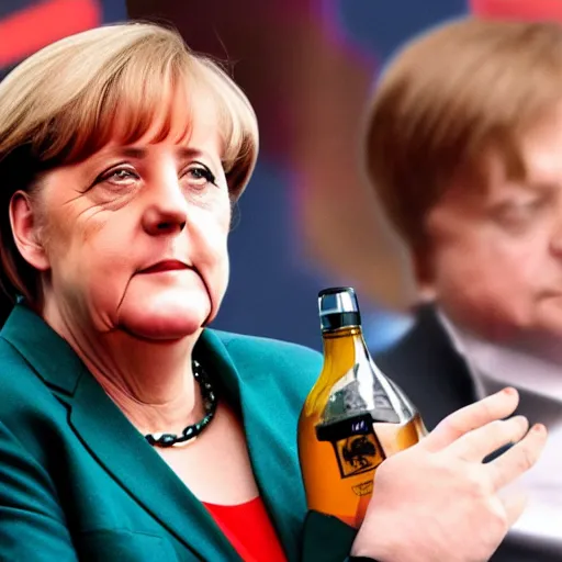 Image similar to angela merkel gopnik style, holding vodka bottle