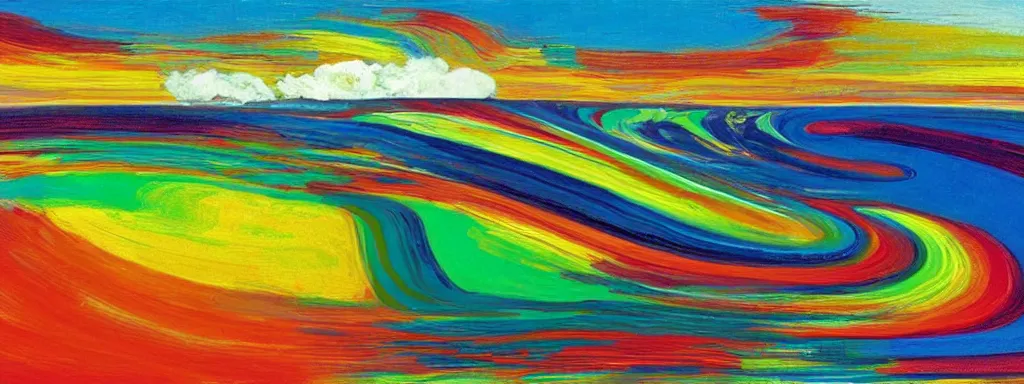 Image similar to Psychedelic sci-fi dreamworld. Landscape painting. Organic. Winding rushing water. Waves. Clouds. Wayne Thiebaud. Peter Max.