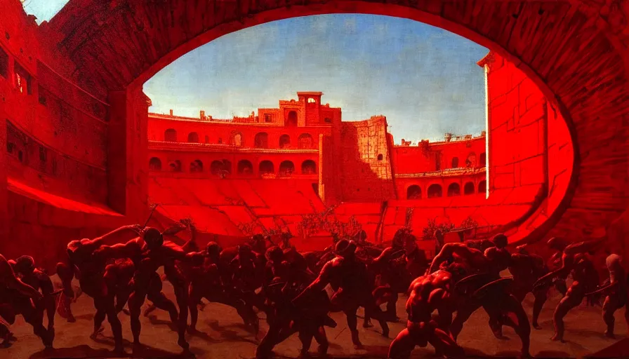 Image similar to only with red, a lightly armored gladiator in a crowded roman amphitheatre, crowd cheering, in the style of beksinski and edward hopper and rodcenko and yue minjun and artgerm, intricate and epic composition, red by caravaggio, highly detailed, masterpiece, red light, artstation, art nouveau