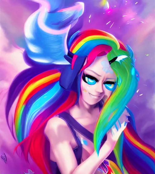 Image similar to ! dream humanized rainbow dash rocking out, art by stanley lau, artgerm, rossdraws, ross tran, sakimichan, cyarine, beautiful art