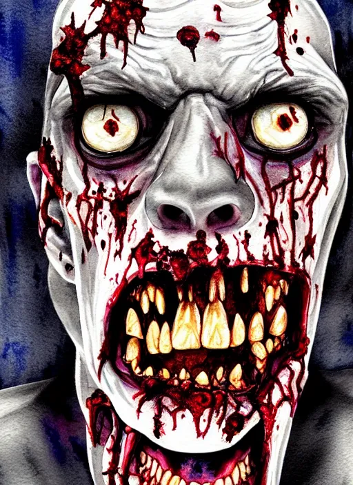 Image similar to zombie hollywood professional acting headshot, hyperrealism, intricate detailed, studio lighting, charming expression gesicht, watercolor art, drawn and painted, colored layers