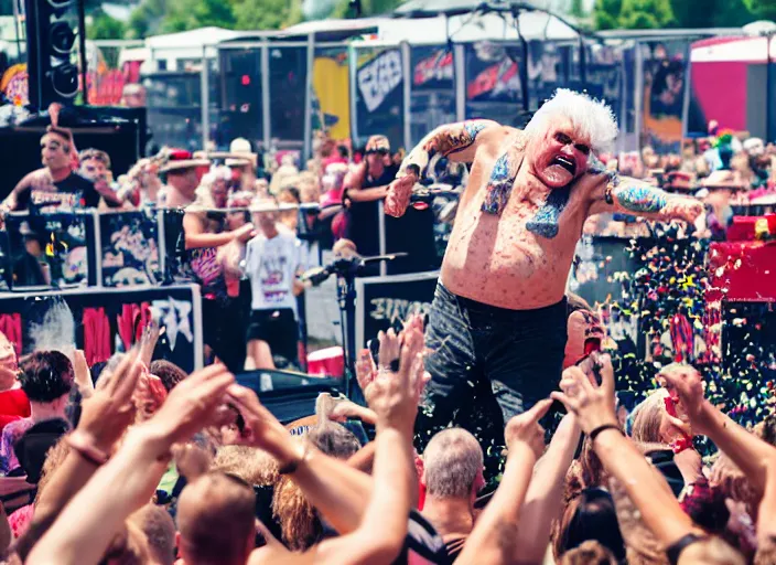 Prompt: photo still of rip taylor at vans warped tour!!!!!!!! at age 6 3 years old 6 3 years of age!!!!!!! on stage throwing confetti at a crowd, 8 k, 8 5 mm f 1. 8, studio lighting, rim light, right side key light