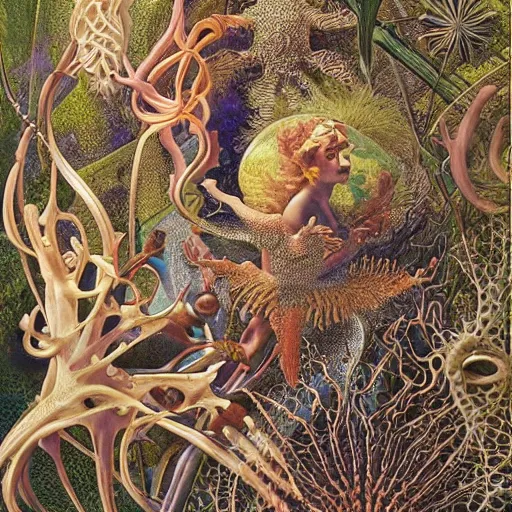 Prompt: a perfect mix between beautiful and terrifying by herbert james draper, ernst haeckel. hyperrealism. intricate detail