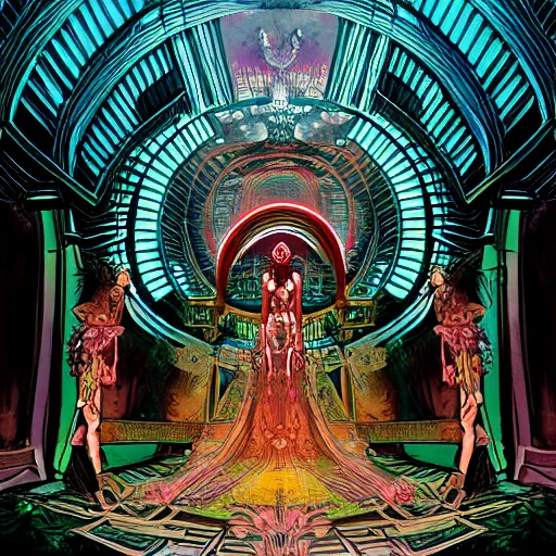 Prompt: AI temple of the Nature Spring Goddess, style blend of Burning Man, Neo-Andean architecture, cyberpunk, and The Vatican, depicted in a mixed style of Æon Flux, Möbius, and neoclassical paintings, Extremely fine ink lineart