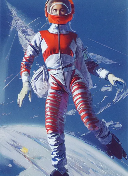 Image similar to a copic maker illustration of a high speed ice skater girl wearing an eva pilot suit designed by balenciaga by john berkey, norman rockwell