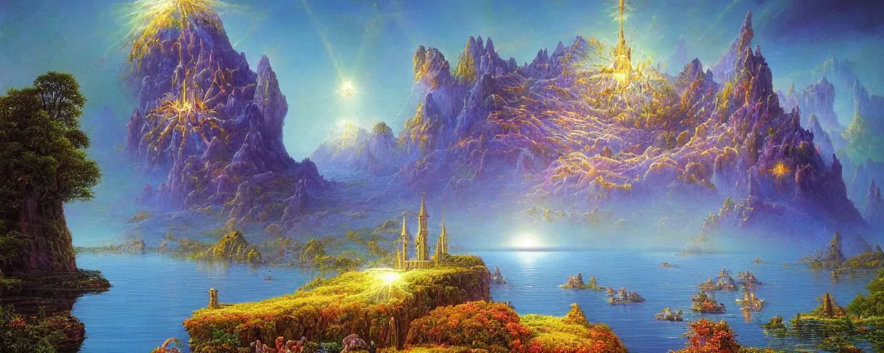 Image similar to a visionary art painting by gilbert williams of a sparkling floating island realm