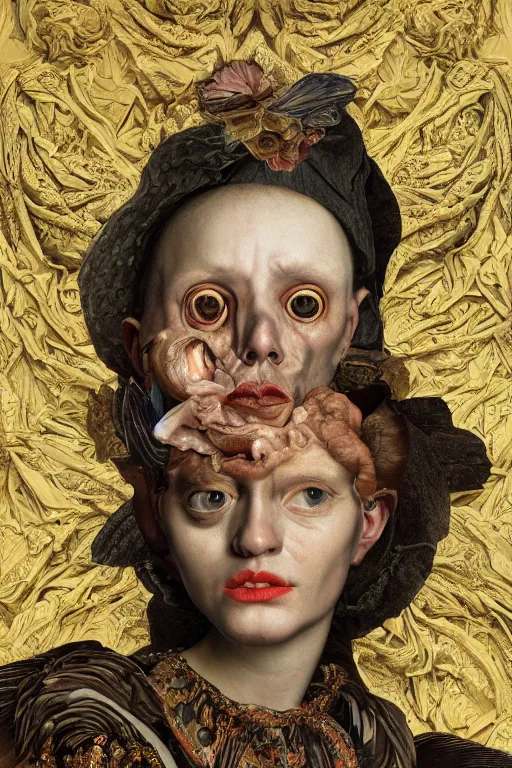 Prompt: Detailed maximalist portrait with large lips and with large wide eyes, surprised expression, surreal extra flesh and bones, HD mixed media, 3D collage, highly detailed and intricate, illustration in the golden ratio, in the style of Caravaggio, dark art, baroque