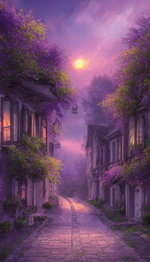 Image similar to landscape of a beautiful street full of wysteria, purple lighting, sunset, dusk. old houses by the road. hyper detailed, artstation cgsociety, 8 k