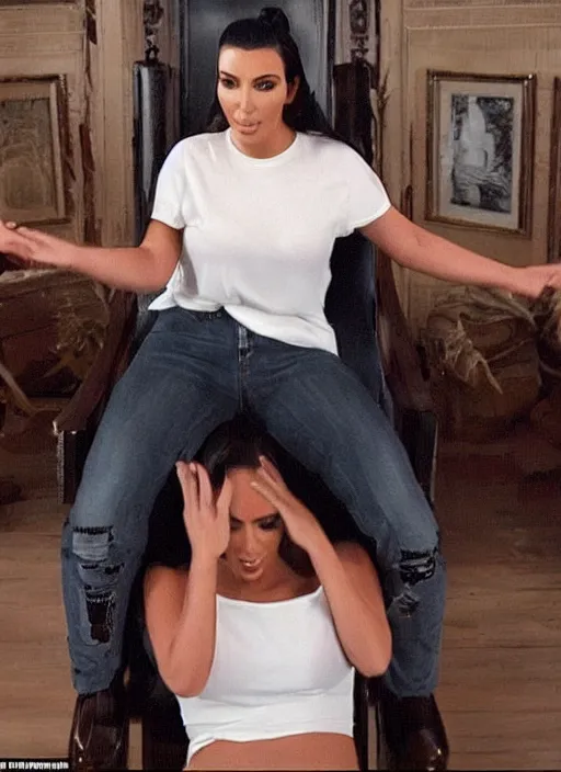 Prompt: a film still of kim kardashian tied to a chair, mouth taped, hands cuffed, outfit : jeans and white vest