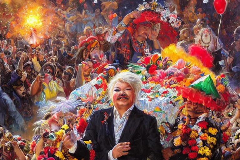 Image similar to portrait of rip taylor throwing confetti during a mexican funeral parade, an oil painting by ross tran and thomas kincade