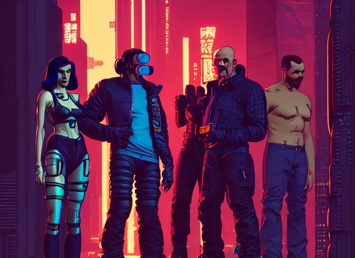 Prompt: cyberpunk tough guys. portrait by stonehouse and mœbius and will eisner and gil elvgren and pixar. character design. realistic proportions. cyberpunk 2 0 7 7 character art, blade runner 2 0 4 9 concept art. cel shading. attractive face. thick lines. the team. diverse characters. artstationhq.